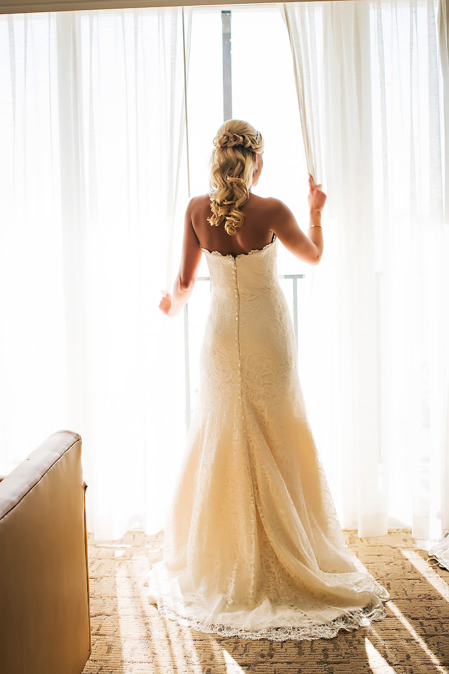 Bridal Wedding Portrait in Window in Strapless, Ivory, Lace Wedding Dress | Clearwater Wedding Photographer Limelight Photography