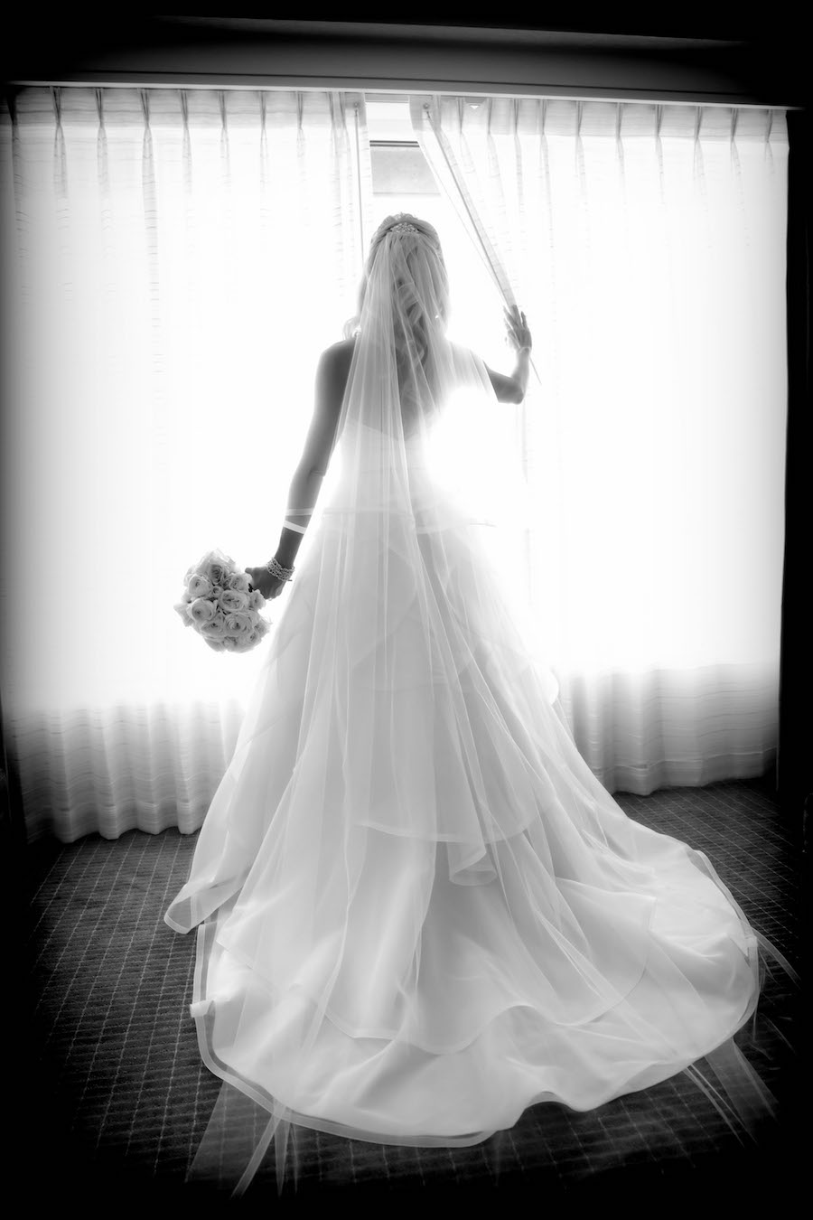 Bridal Wedding Portrait in Ivory Mikaella Wedding Dress and Chapel Length Veil