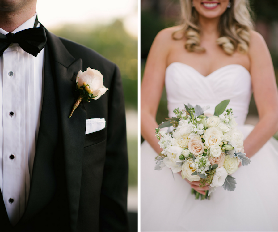 Tampa Bride and Groom Wedding Portrait in Black Tuxedo with Bowtie and Blush Rose Boutonniere and White Strapless Sweetheart Hayley Paige Ballgown with Ivory, Pink and White Wedding Bouquet