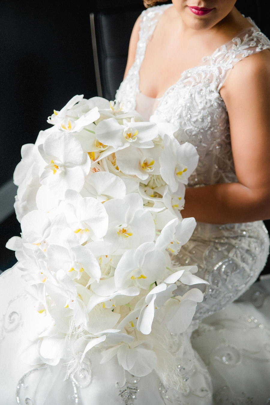 Liana Fuente Bridal Wedding Portrait in Beaded Ines DiSanto Wedding Dress with Cascading White Orchid Bouquet | Tampa Wedding Photographer Ailyn La Torre Photography | Wedding Dress from Isabel O’Neil Bridal
