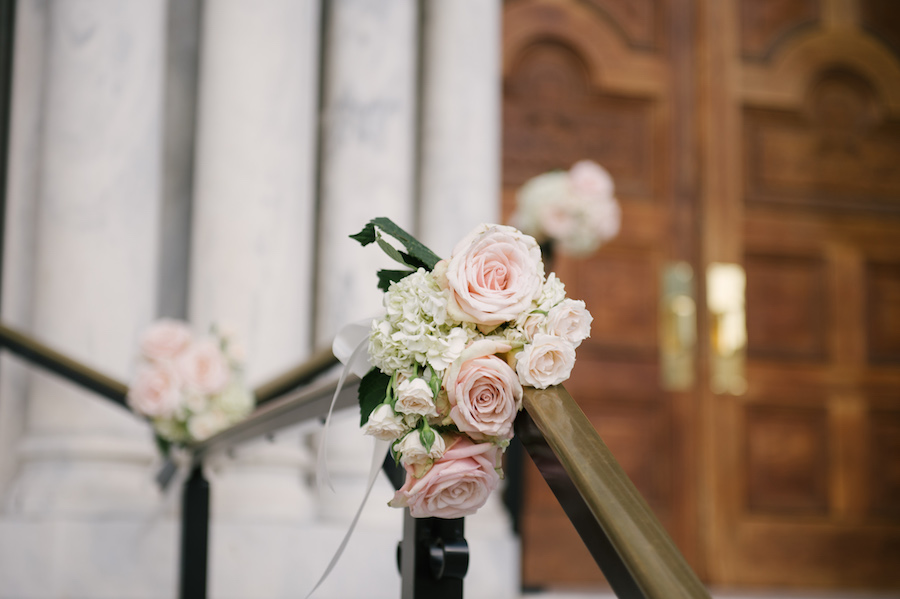 Elegant, Traditional Church Wedding Ceremony | Sacred Heart Church Wedding Banister Pink Floral Decor