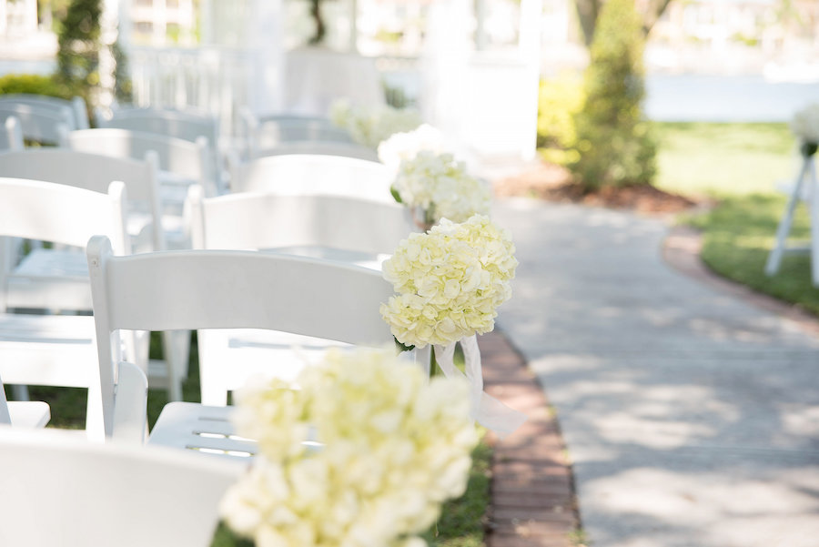 Hydrangea Wedding Ceremony Ivory Floral Chair Decor | Outdoor Garden Wedding Inspiration Ideas