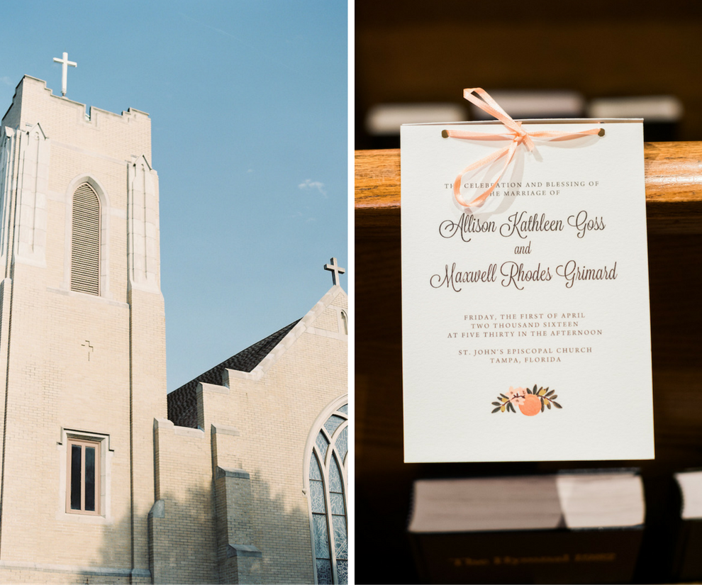 Tampa Wedding Ceremony Venue St. John's Episcopal Church | Citrus Orange, Florida Inspired, White and Green Wedding Invitation Stationery