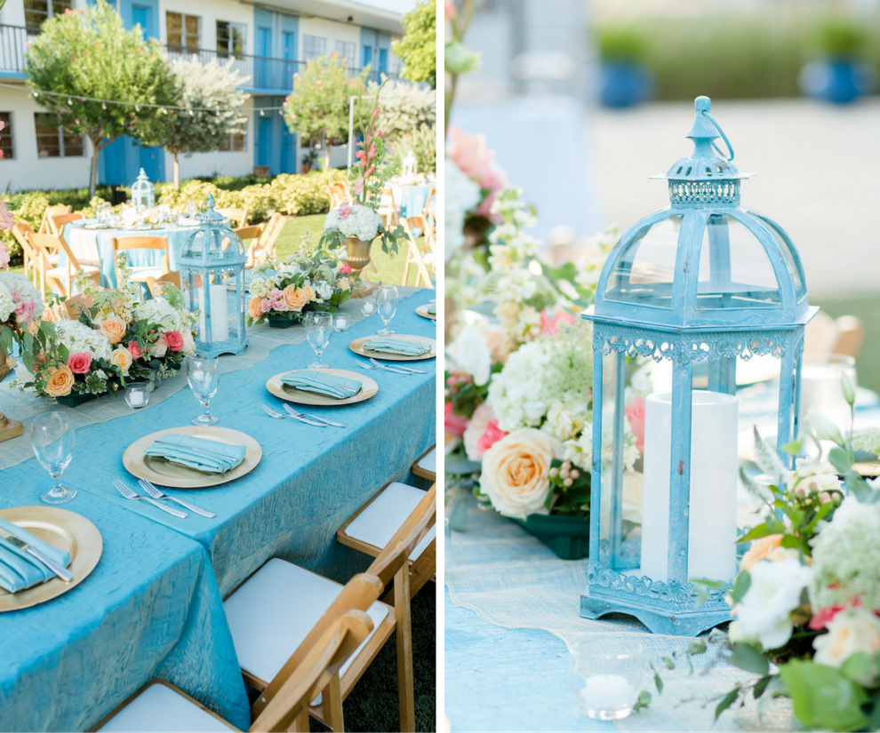 Outdoor, St. Petersburg Wedding Reception Table Decor with Wooden Chairs, Blue Table Linens, and Peach and Ivory Floral Wedding Centerpieces and Blue Lanterns | St. Petersburg Linens by Connie Duglin Linens | St. Petersburg Wedding Photographers Caroline and Evan Photography