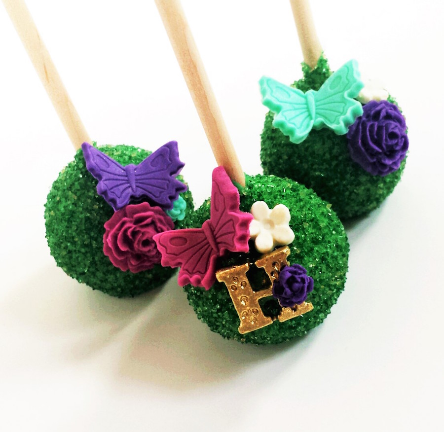 Garden Wedding Cake Pop Favor with Monogram and Butterfly | Custom Cake Pop Wedding Dessert Favors in Tampa Bay by Sweetly Dipped Confections 
