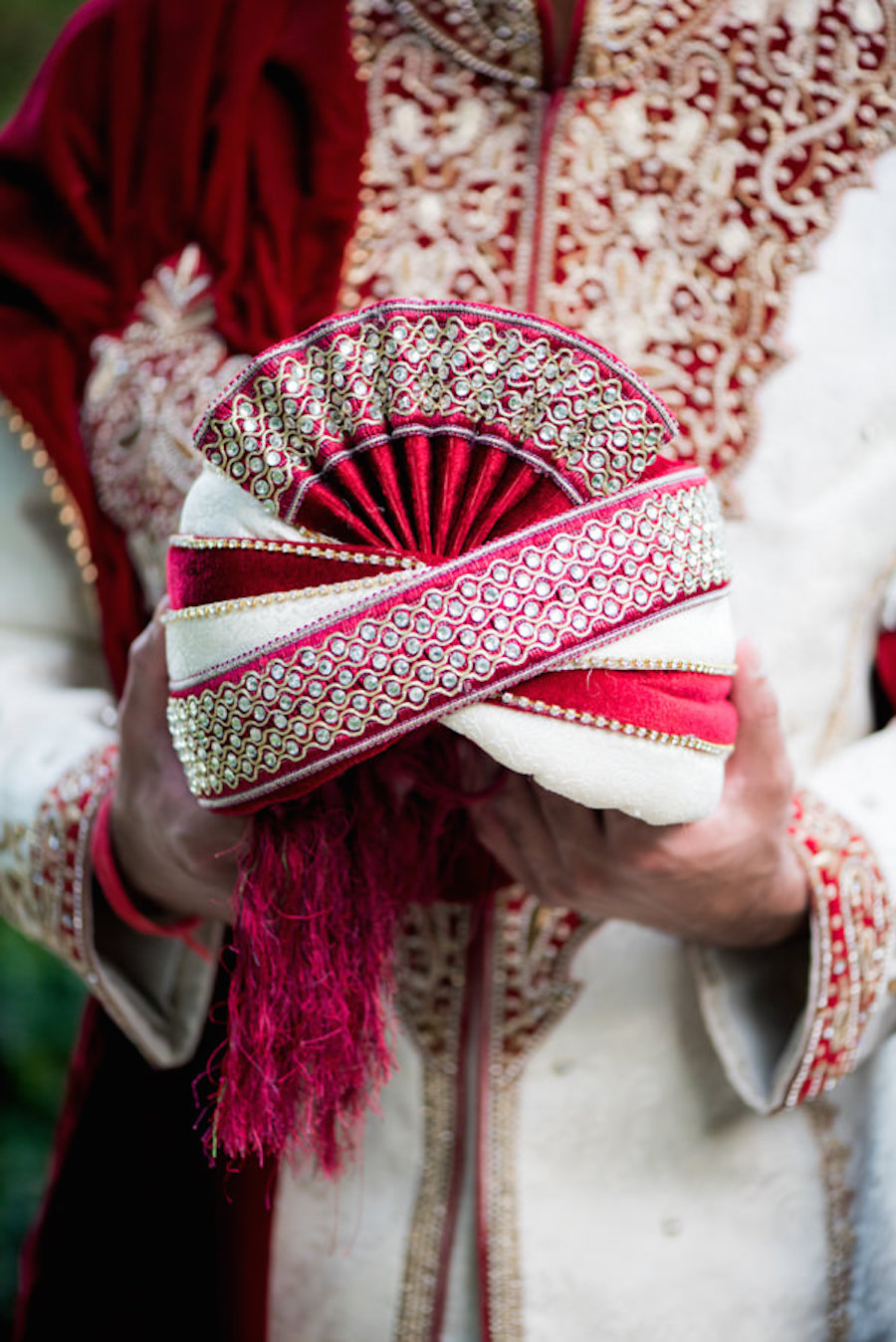 Indian Groom Wedding Portrait in Red and White Sherwani at The Palmetto Club at Fishhawk Ranch Wedding Venue in Tampa Bay
