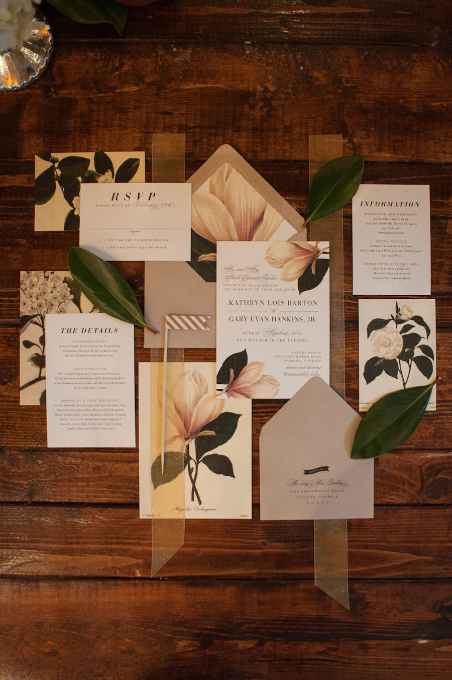 Ivory and Green Wedding Invitation Suite with Magnolia Tree Detail and Sheer Ribbon Enclosure | Sarasota Wedding Stationery Citrus Press Co.