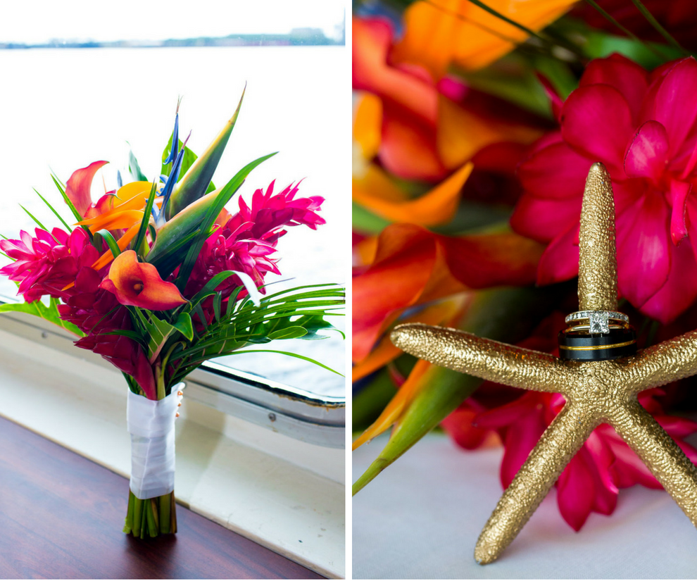 Tropical Waterfront Wedding with Gold Starfish and Pink and Orange Wedding Bouquet
