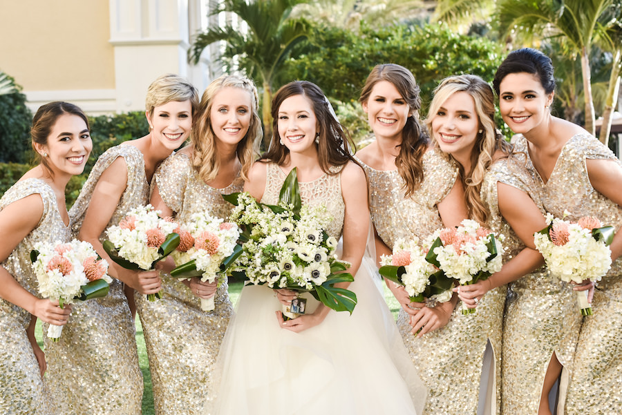 Clearwater Beach Bridal Party Wedding Portrait | Gold Sequin Bridesmaid Dresses and Ivory Hayley Paige Dori Wedding Dress with Hydrangea and Anemone Wedding Bouquet with Greenery | Wedding Hair and Makeup Artist Michele Renee The Studio