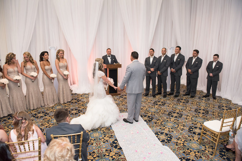 Indoor Ballroom Wedding Ceremony with White Draping by Delite Entertainment | Downtown Tampa Wedding Venue The Floridan Palace