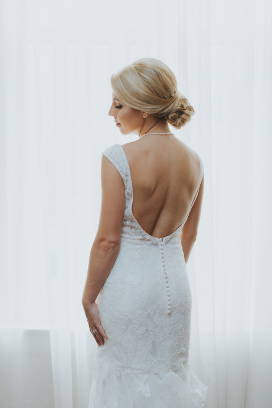 Bride Wedding Portrait in Low Back, Lace, Ivory, Allure Wedding Dress with Button up Back