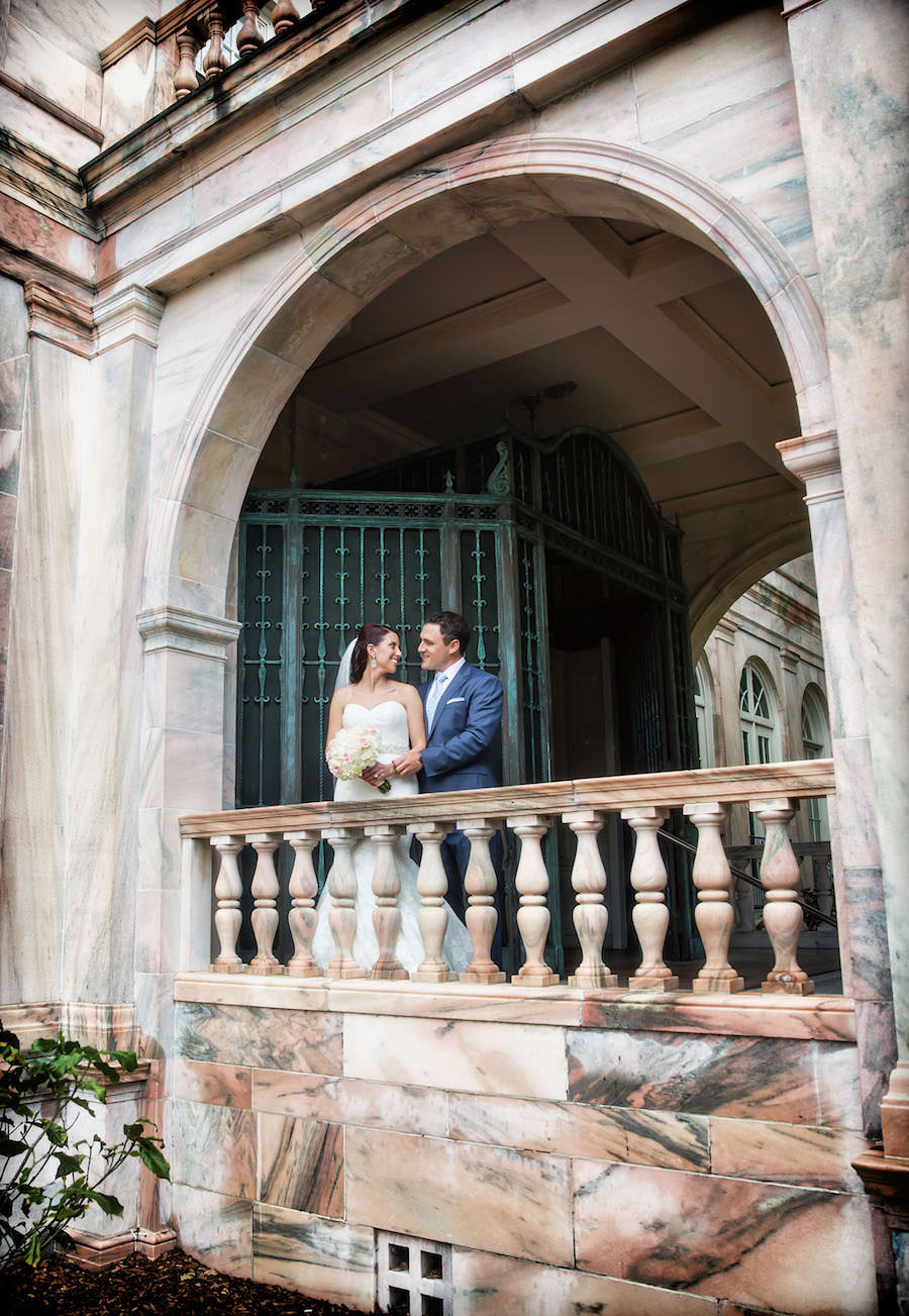Outdoor, Florida Bride and Groom Wedding Portrait at Sarasota Wedding Venue Ca’ d’Zan Mansion at The Ringling Museum