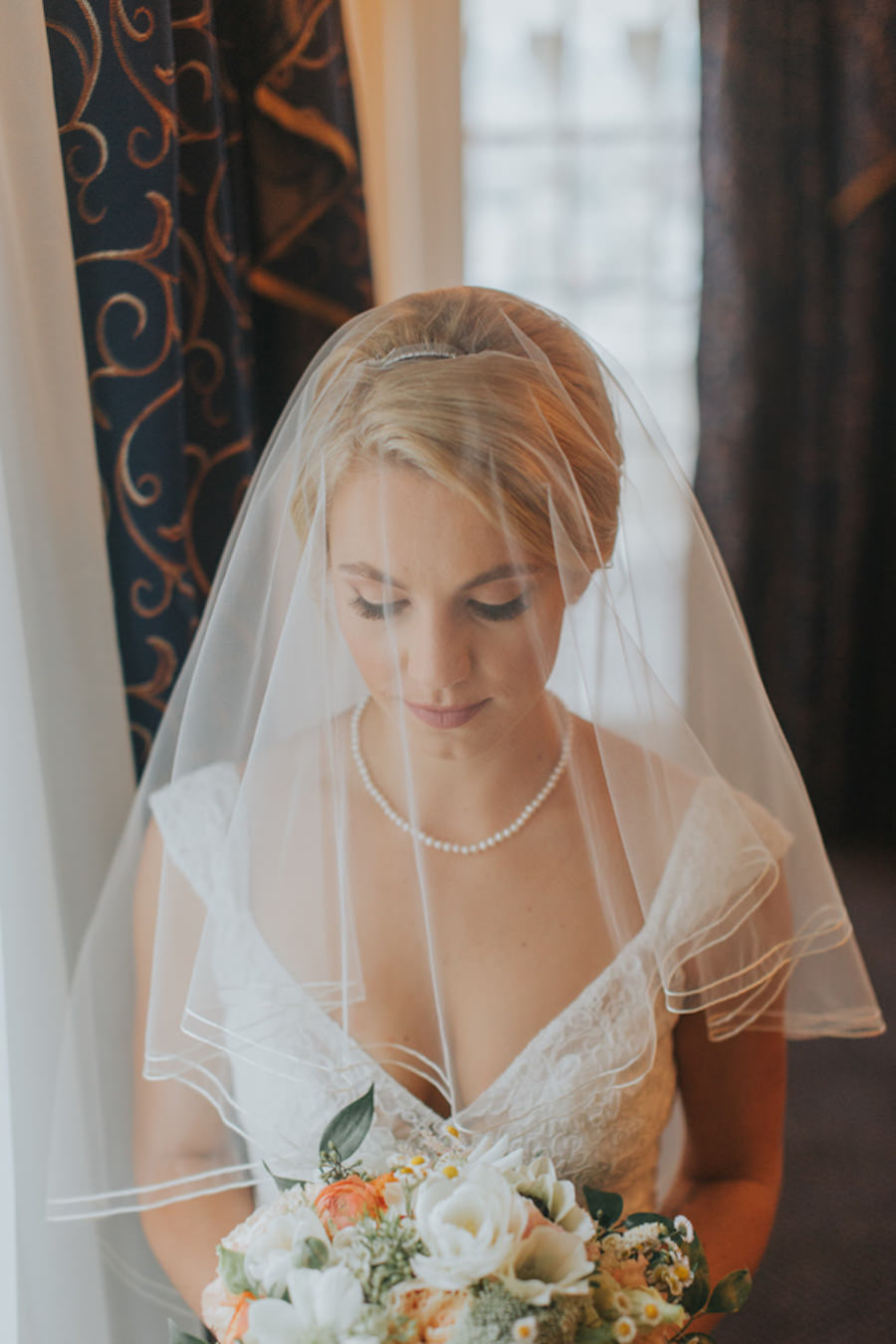 Bride Wedding Portrait in Ivory, Lace, Allure Wedding Dress and Blusher Veil