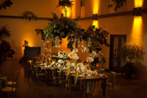 Green and Ivory Wedding Reception Décor with Hydrangea and Rhododendron Hanging, Tall Centerpieces and Orange Uplighting | Fall Wedding Inspiration | Nature Inspired Wedding