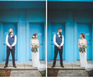 Outdoor, St. Pete Bride and Groom Wedding Portrait in Blue Groom's Suit and Beaded Anna Campbell Wedding Dress