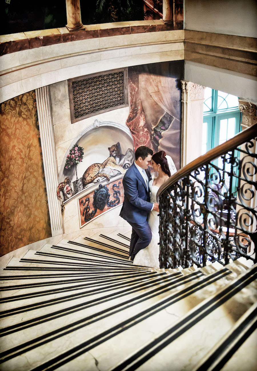 Florida Bride and Groom Wedding Portrait on Staircase at Sarasota Wedding Venue Ca’ d’Zan Mansion at The Ringling Museum