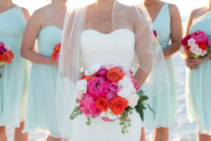 Bridal Wedding Portrait in Strapless, White Vera Wang Wedding Dress and Pink, Orange, and White Floral Wedding Bouquet