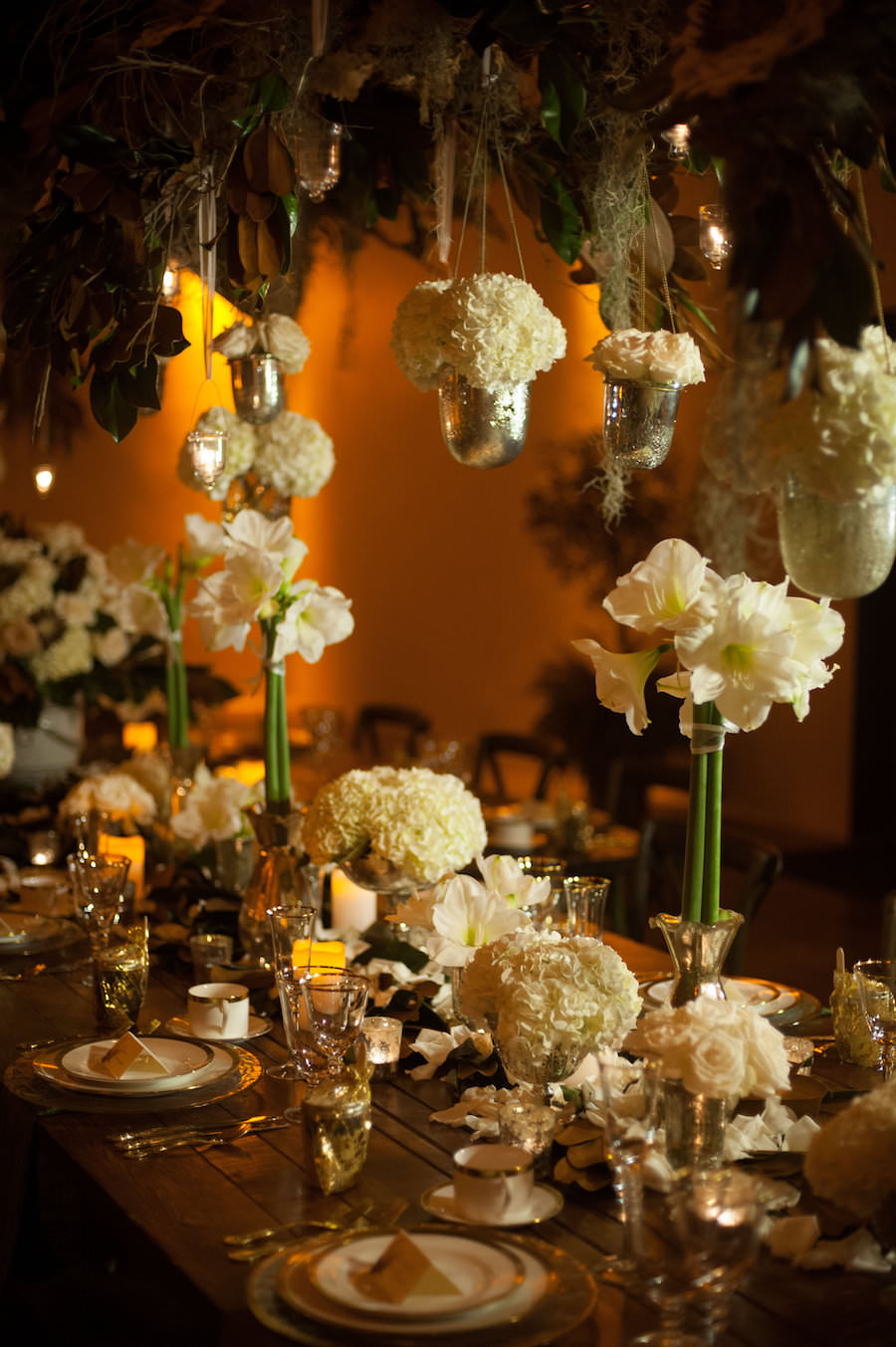 Green and Ivory Wedding Reception Décor with Hydrangea and Rhododendron Hanging and Tall Centerpieces | Fall Wedding Inspiration | Nature Inspired Wedding Decor