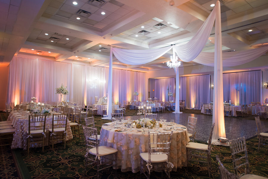 Tall White and Blush Pink Centerpiece Flowers with Pink Specialty Linens and Gold and Silver Chiavari Chairs | Wedding Reception Décor | St. Petersburg Wedding Photographer Castorina Photography