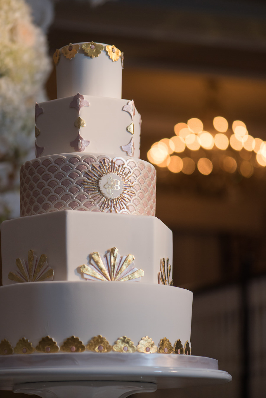 Five Tiered Great Gatbsy Roaring 20s Inspired Wedding Cake with Gold Rose Gold and Silver Accents | Tampa Wedding Cakes and Desserts Hands on Sweets