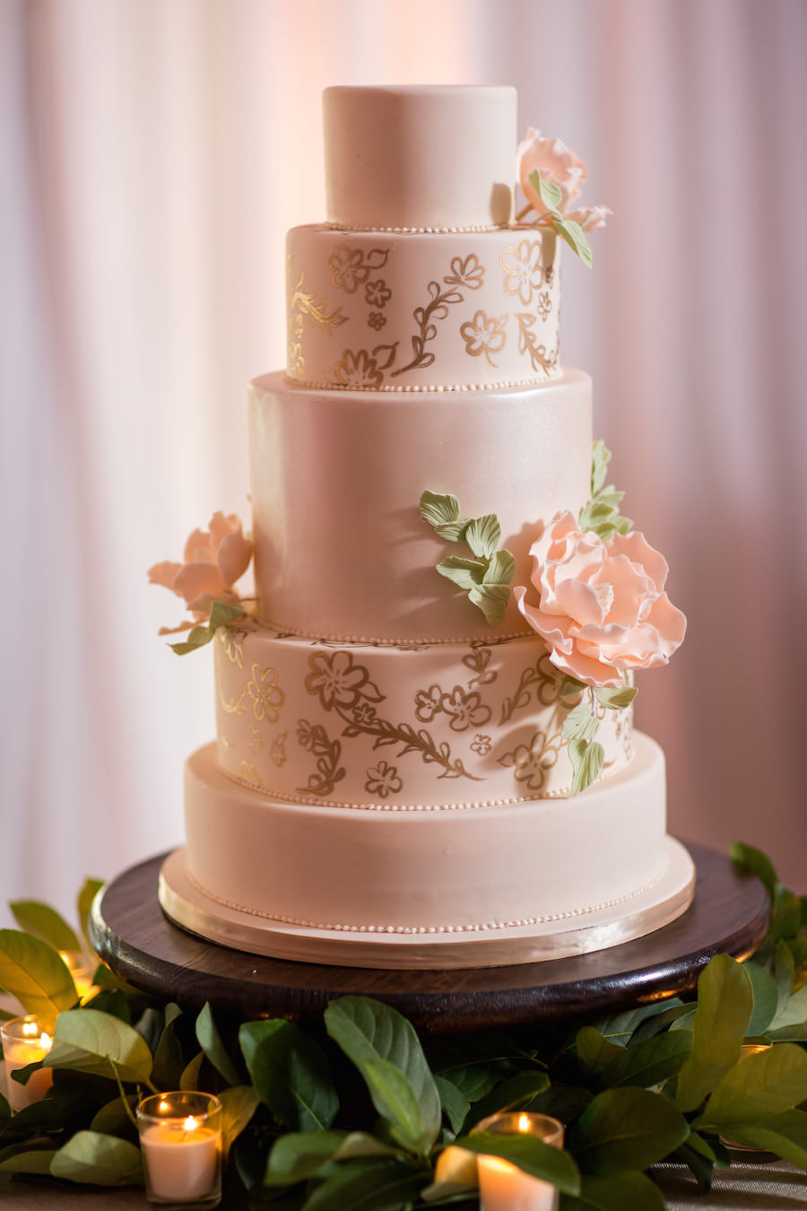 Five Tiered Blush and Pink Wedding Cake with Gold Handpainted Accents with Blush Pink Sugar Flowers on Wooden Cake Stand | Tampa Wedding Cakes and Desserts Hands on Sweets