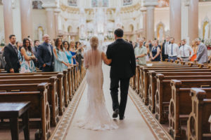 Bride and Father Walking Down the Aisle at Historic Downtown Tampa Wedding Venue Sacred Heart Catholic Church