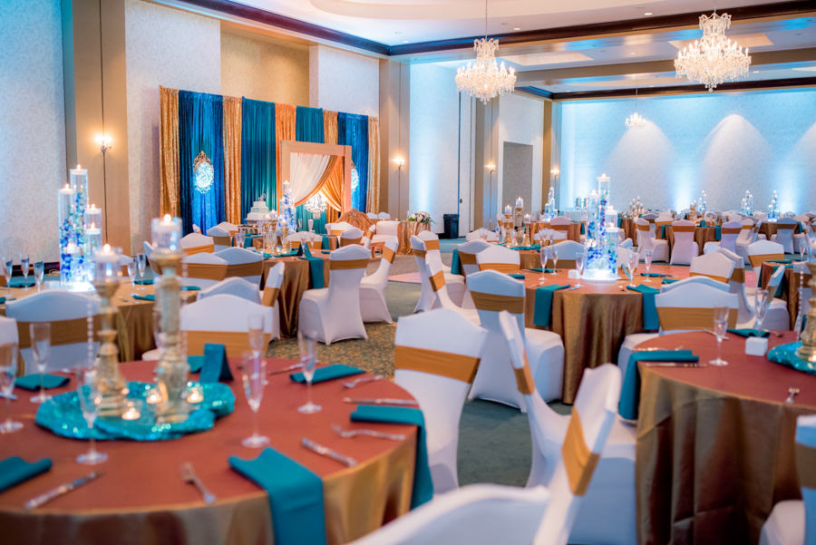 Indian Wedding Reception with Gold, Teal and Crystal Décor with Candelabra Centerpieces at Tampa Bay Wedding Venue, The Palmetto Club at Fishhawk Ranch