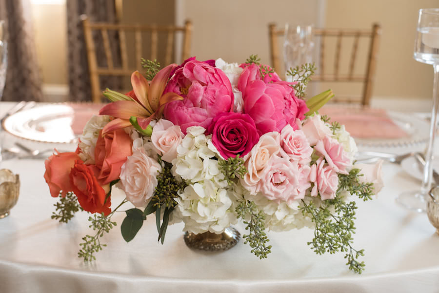 Pink, Orange, and Ivory Floral Wedding Centerpiece at St. Pete Wedding Reception