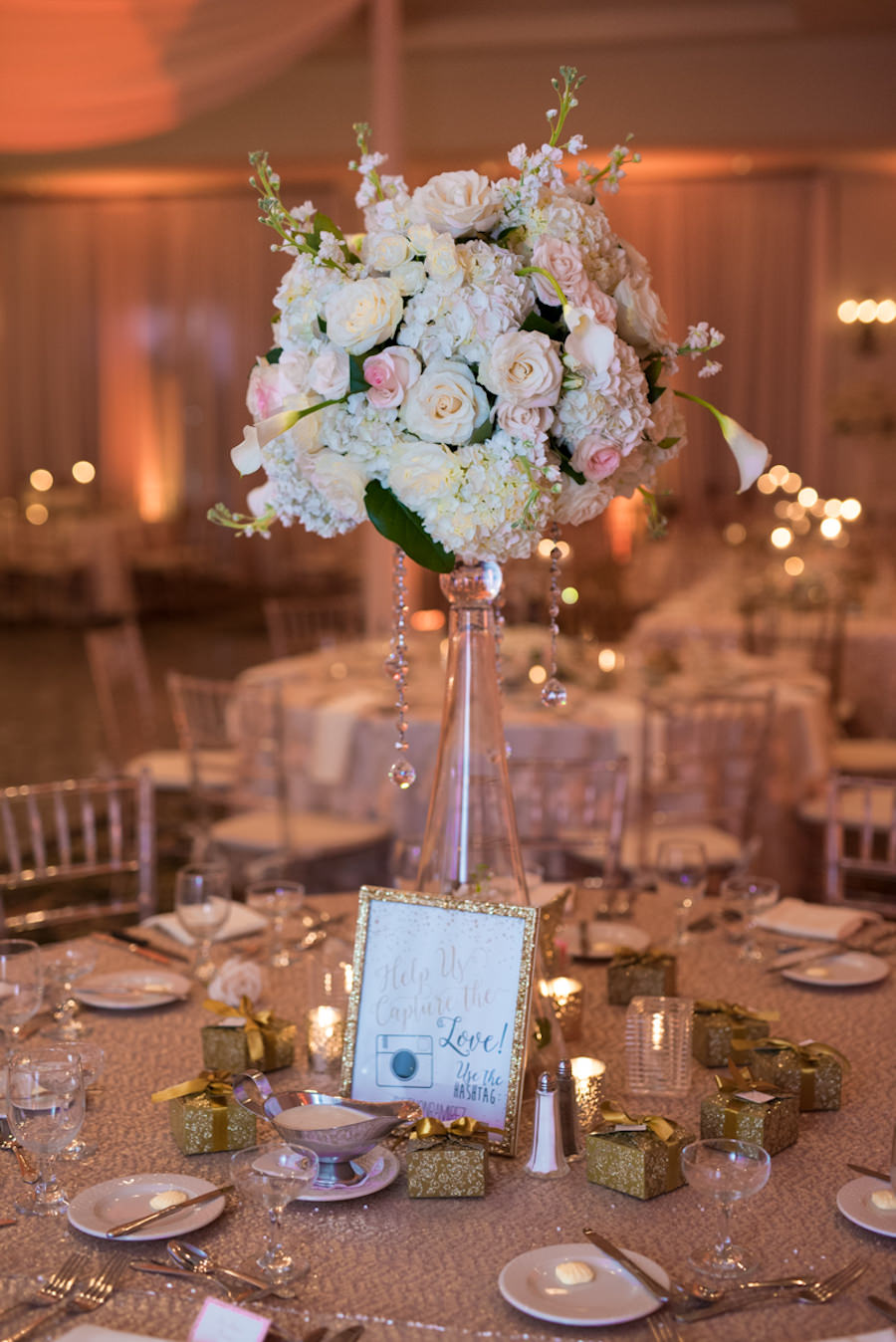 Tall White and Light Pink Rose and Hydrangea Wedding Centerpieces Flowers in Clear Vase on Glitter Specialty Linen | St. Petersburg Wedding Photographer Castorina Photography