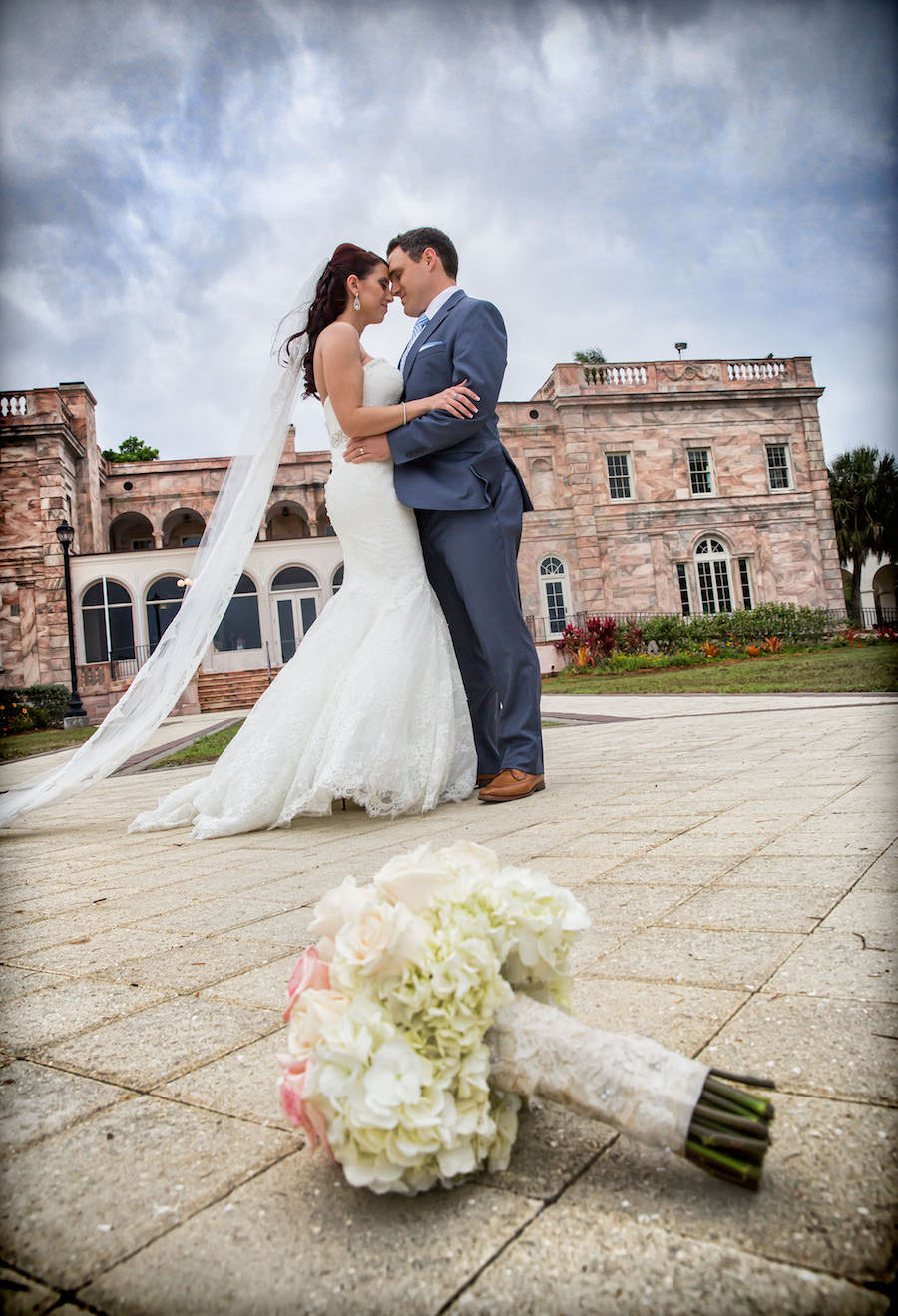 Outdoor, Florida Bride and Groom Wedding Portrait at Sarasota Wedding Venue Ca’ d’Zan Mansion at The Ringling Museum