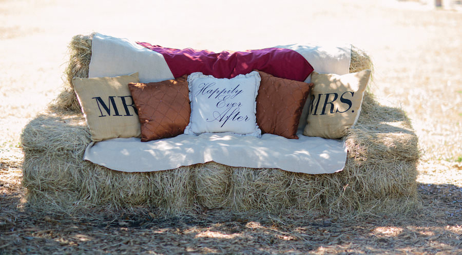 Mr and Mrs Hay Loveseat with Pillows at Rustic, Dover Wedding Reception
