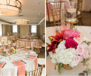 St. Pete Wedding Reception Decor with Gold Chiavari Chairs, Pink Table Napkins, and Pink, Orange, and White Floral Table Centerpieces | St. Pete Wedding Venue Loews Don CeSar