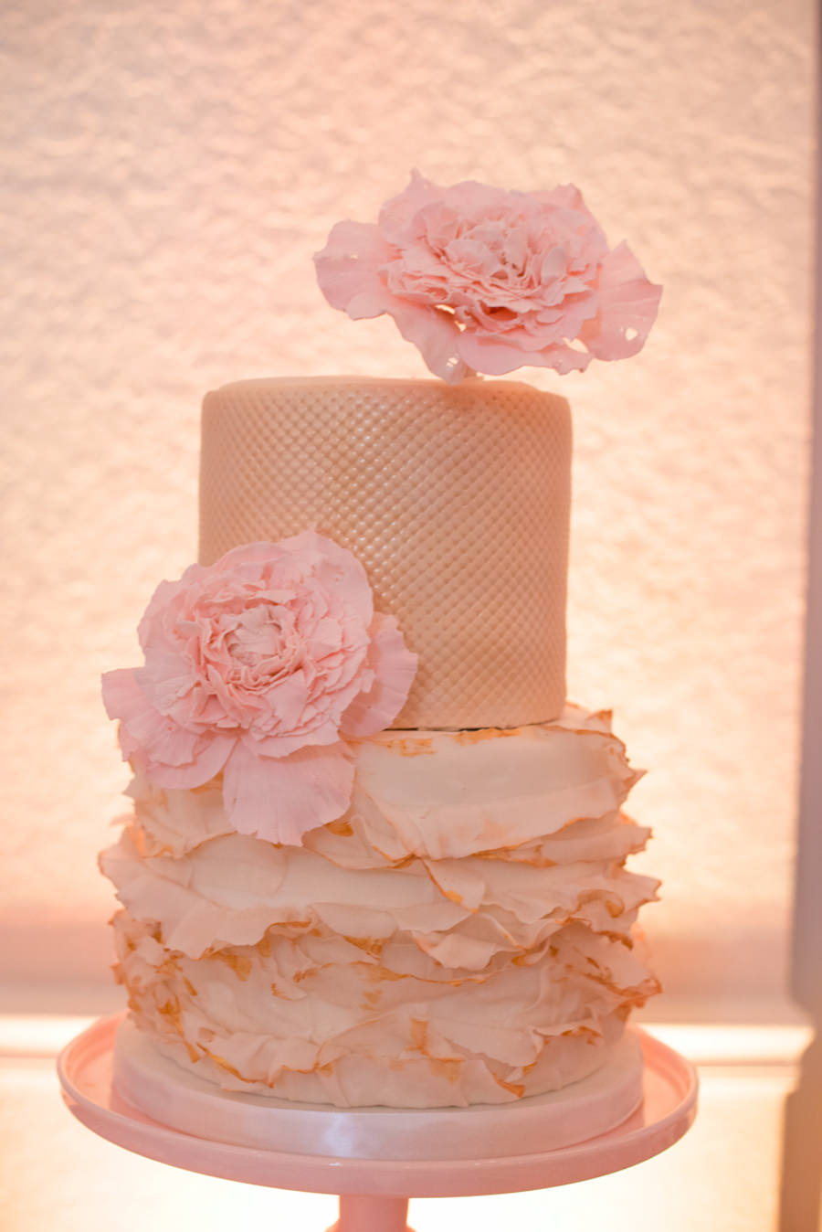 Two Tier Blush Pink Wedding Cake with Ruffled Icing and Blush Roses | Bride and Groom Wedding Sparkler Exit at St. Pete Wedding Venue The Sirata | St. Petersburg Wedding Photographer Castorina Photography