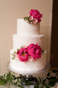 Three-Tiered, Round, White Wedding Cake with Pink Peony Wedding Accents