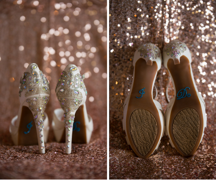 Ivory, Gianni Bini Jeweled Wedding Shoes with “I Do” Blue, Bedazzled Sticker on the Sole | St. Petersburg Wedding Photographer Castorina Photography