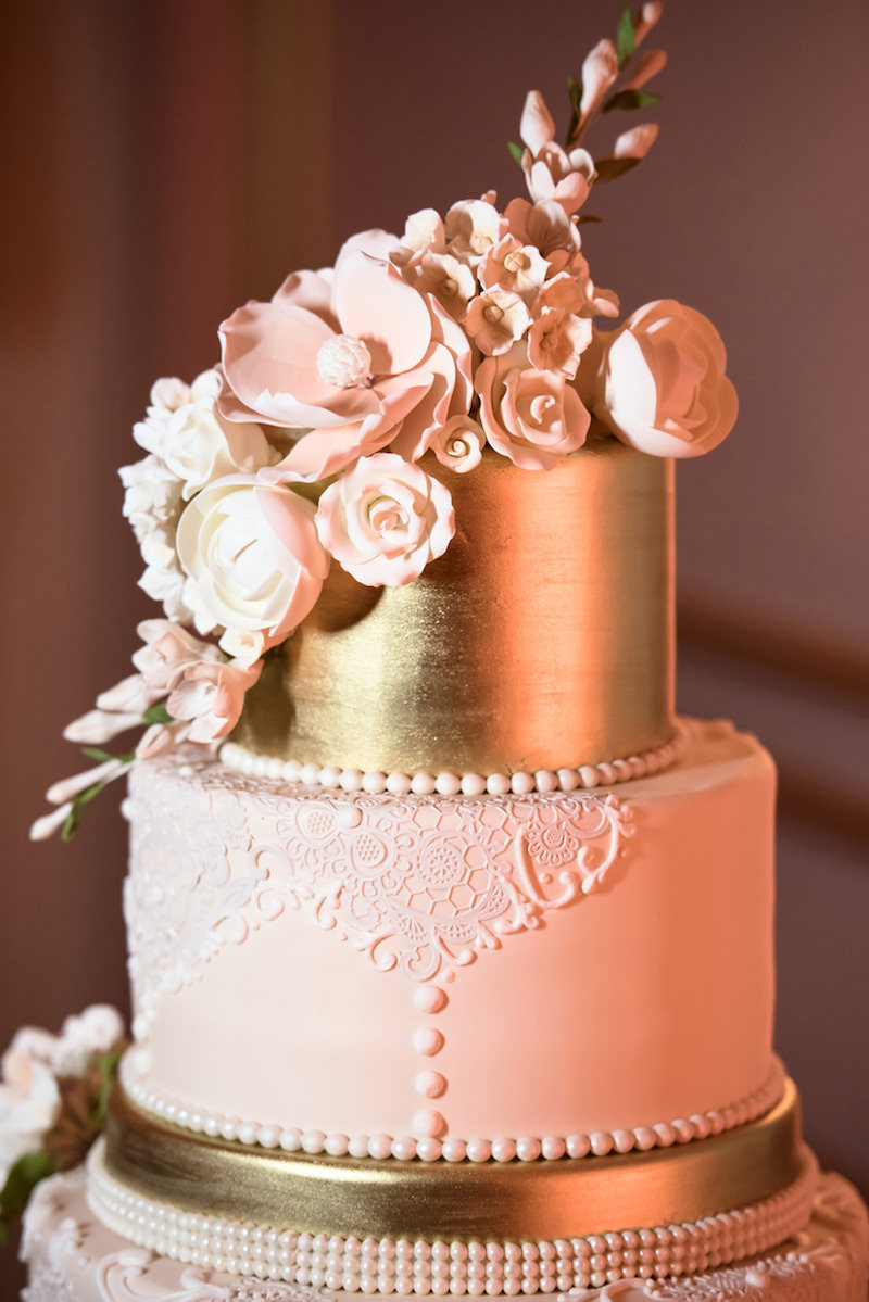 Gold Round Wedding Cake with Sugar Flowers and Lace Detail