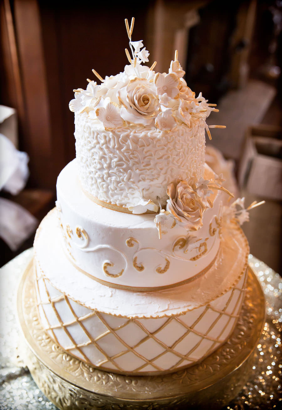 Three Tiered, Round White Wedding Cake with Gold Icing | Sarasota Wedding Cake Baker and Decorator Olympia Catering