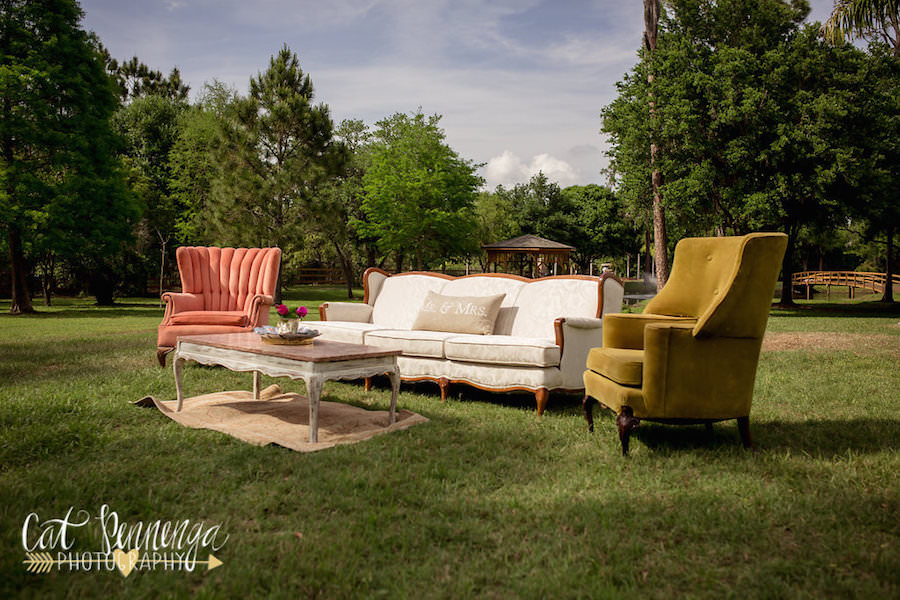 Outdoor Garden Wedding Reception Lounge Space Seating Area | Tampa Bay Vintage Wedding Furniture and Rentals | The Reserve Vintage Rentals