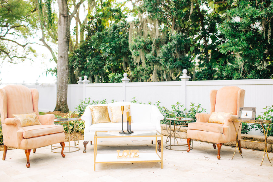 Outdoor Garden Wedding Reception Lounge Space Seating Area | Tampa Bay Vintage Wedding Furniture and Rentals | The Reserve Vintage Rentals