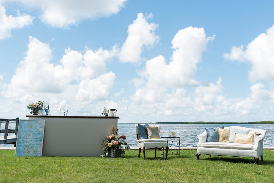 Outdoor Coastal Wedding Reception Lounge Space | Tampa Bay Vintage Wedding Furniture and Rentals | The Reserve Vintage Rentals