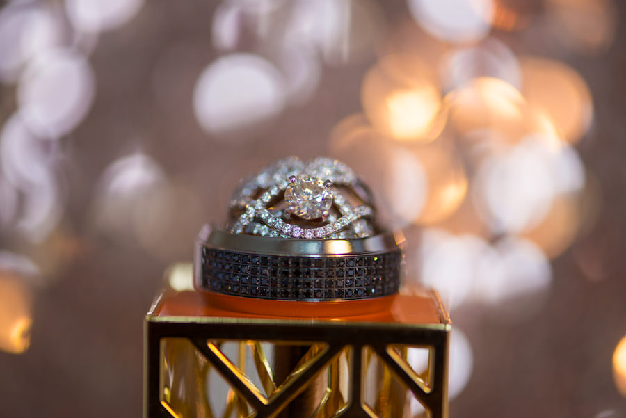 Princess Cut Engagement Ring with Wedding Rings and Bokeh Lighting | St. Petersburg Wedding Photographer Castorina Photography