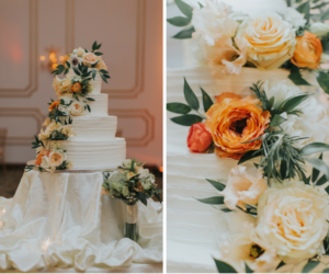 4 Tiered, Round, White Wedding Cake with Cascading Orange and Ivory Flowers with Greenery