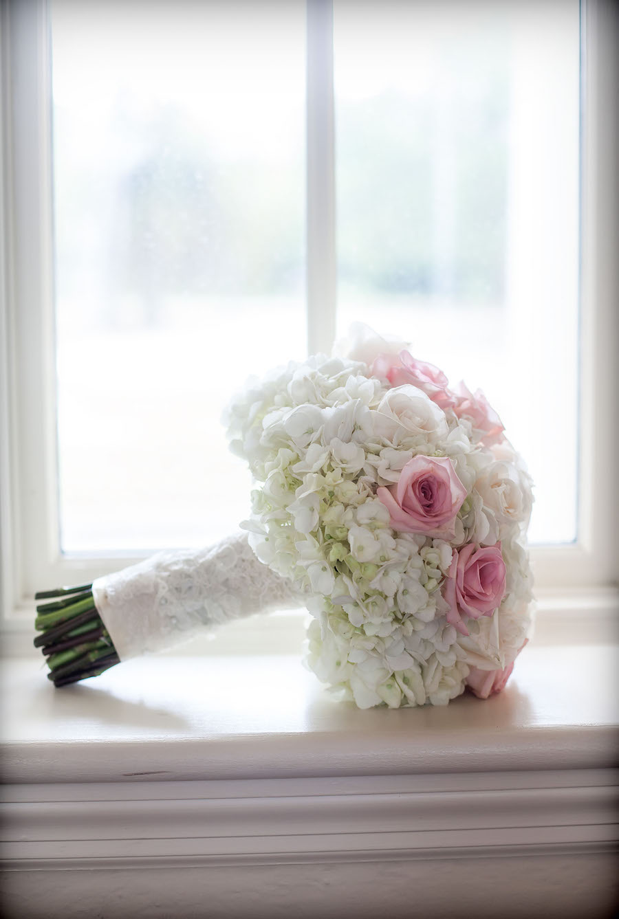 Ivory Hydrangeas and and Pink Rose Bridal Wedding Bouquet of Flowers