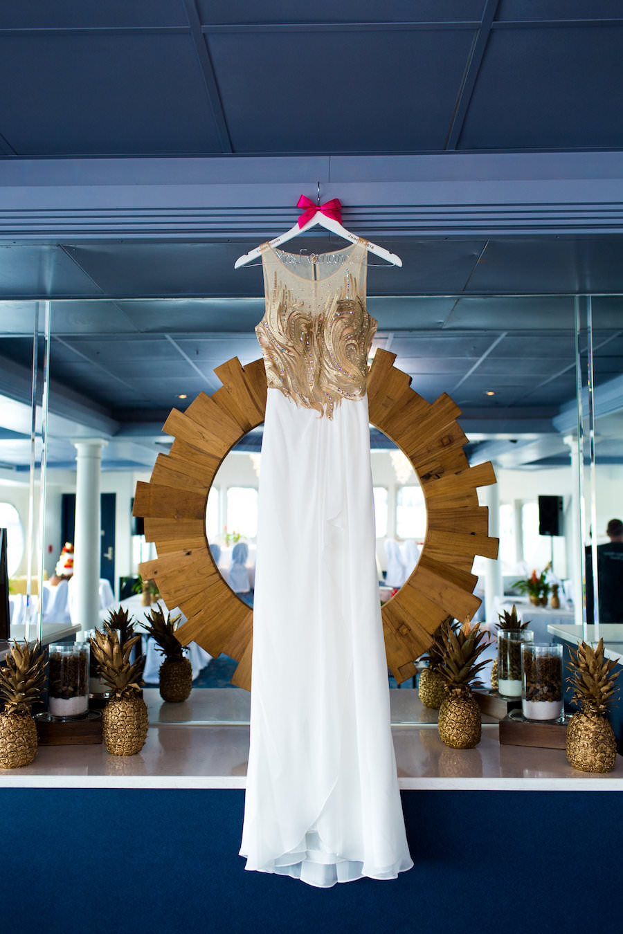 Faviana White and Gold Illusion Destination Wedding Dress