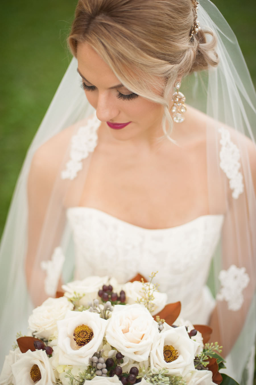 Bridal Wedding Portrait in Strapless, Ivory Wedding Dress and Brown Floral Wedding Bouquet of Anemone and Baby’s Breath | Fall Wedding Inspiration