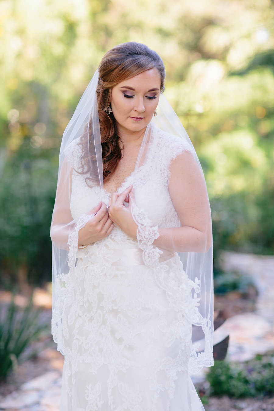 Outdoor, Dover Bridal Wedding Portrait in Lace, Ivory Maggie Sottero Wedding Dress and Lace Veil