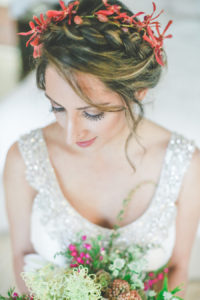 Bridal Hair and Makeup Wedding Detail Portrait with Red Flower Crown and Beaded, Anna Campbell Wedding Dress