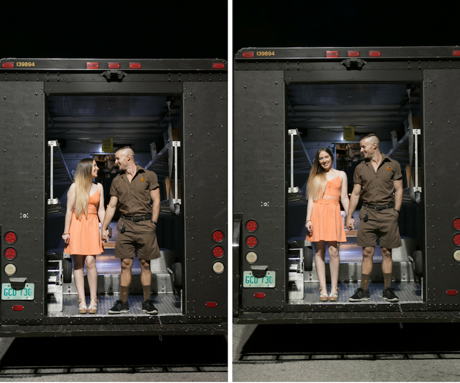 Couples Engagement Portrait On The Back of UPS Truck | Fiancé Works For UPS Engagement Shoot | Unique Engagement Session Ideas | Tampa Fl Wedding Photographer Carrie Wildes Photography