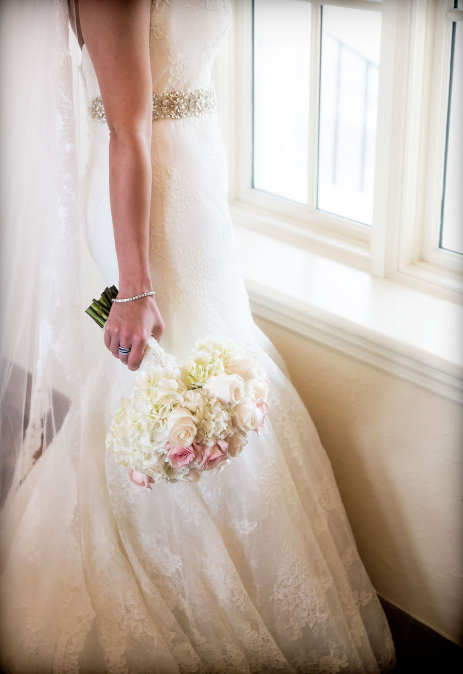 Bridal Wedding Portrait in Ivory, Lace Allure Wedding Dress, Veil, and Ivory Hydrangea and Pink Rose Bridal Wedding Bouquet of Flowers