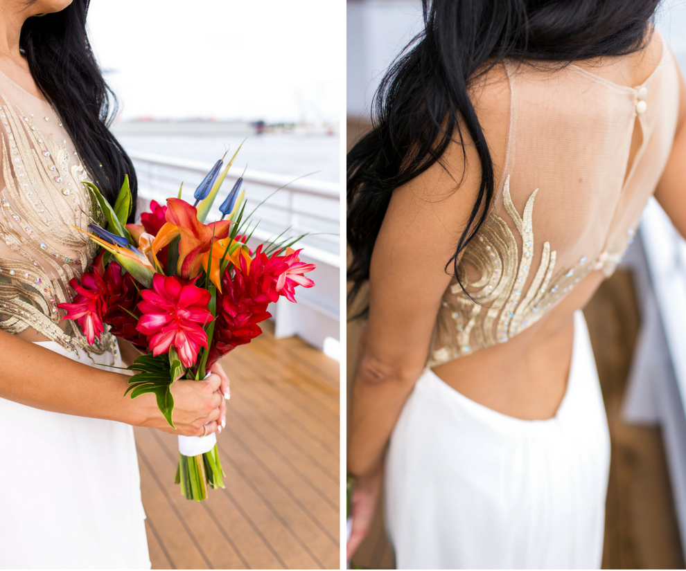 Faviana White and Gold Illusion Destination Open Back Wedding Dress | Tropical Orange and Red Wedding Bouquet
